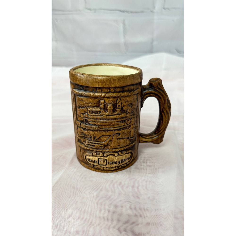 Vintage Walt Disney World Riverboat Monorail Faux Wood Grain Ceramic Mug Stein